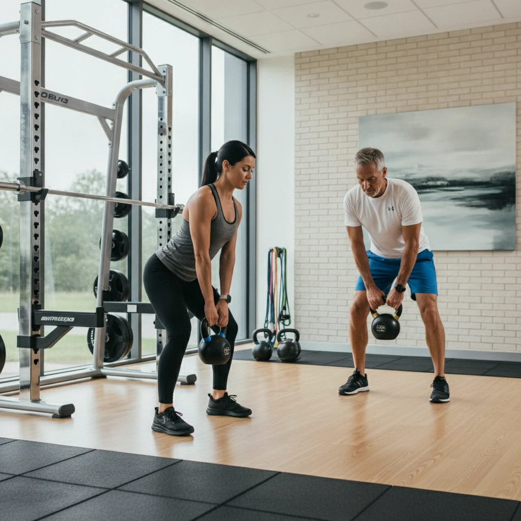 A one-on-one training session with a client and a trainer in a premium, well-equipped gym. The trainer is demonstrating proper form for an exercise, ensuring client safety and effectiveness.