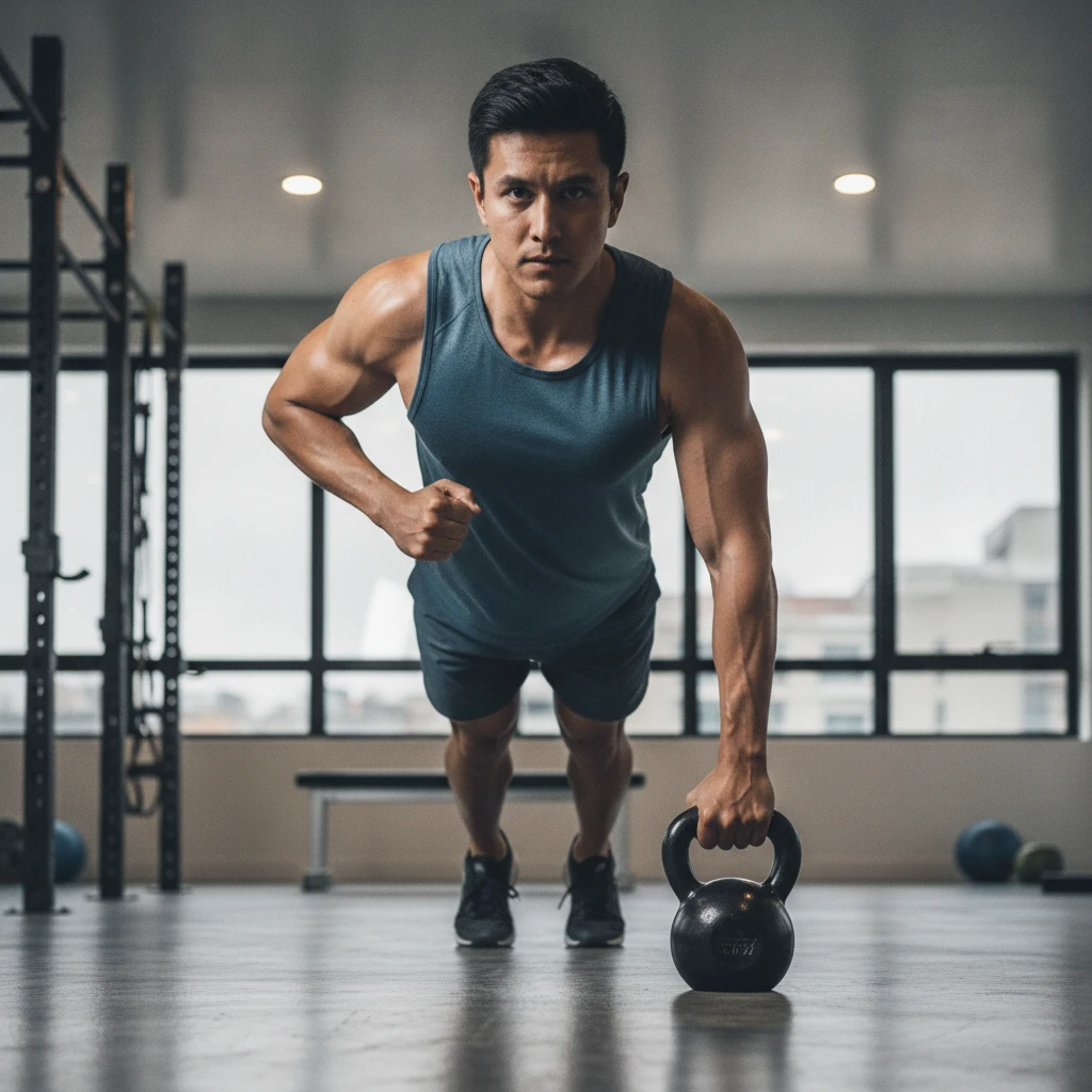 A focused individual performing a functional strength exercise with controlled intensity in a modern, clean gym setting.