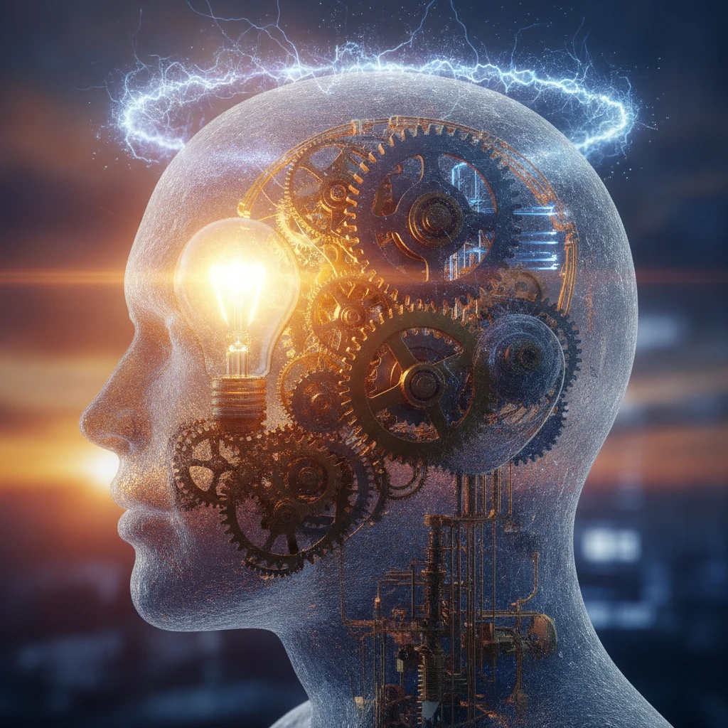 A graphic showing a mind with gears turning and a lightbulb illuminating, symbolizing a mental shift and new ideas.