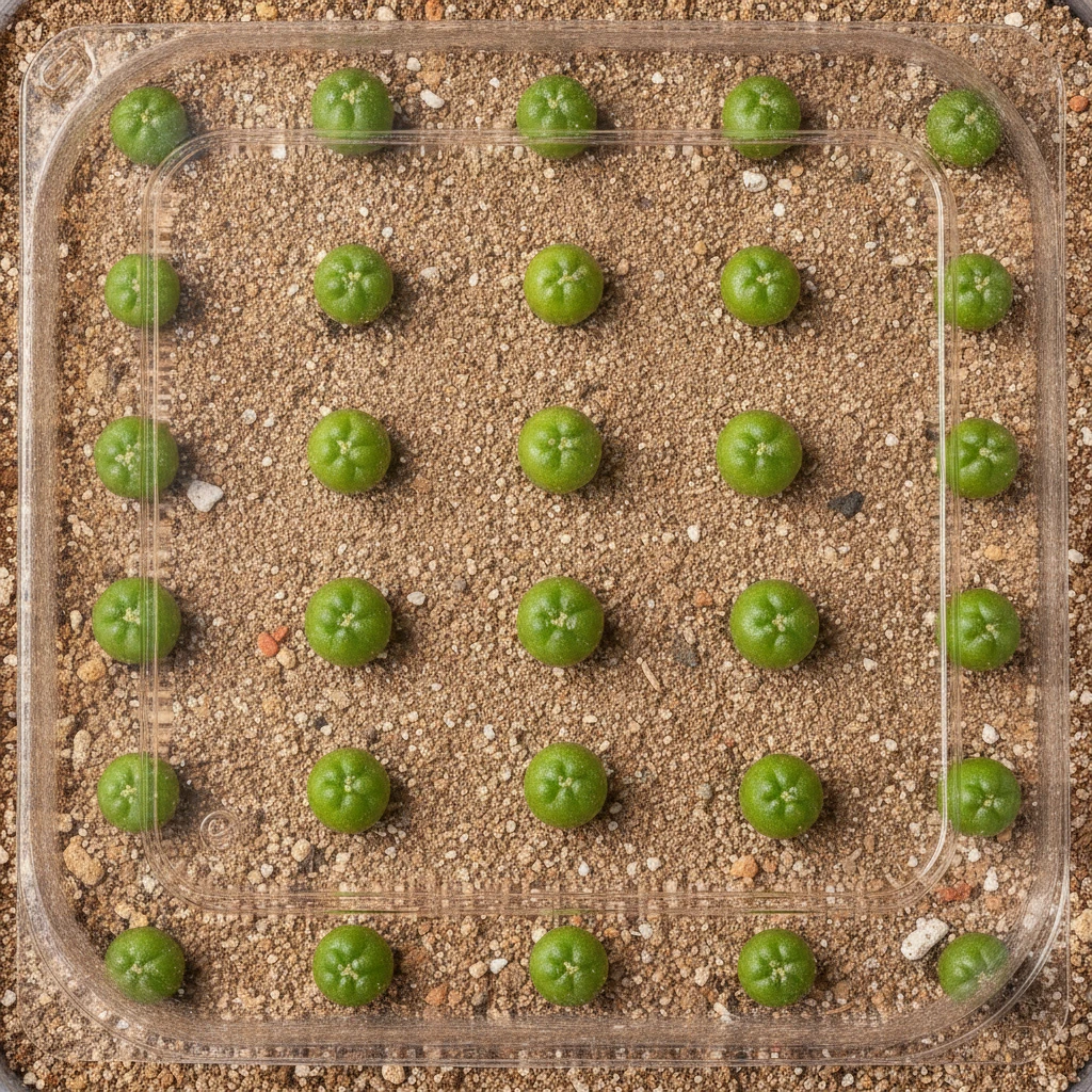 A tray of tiny, bright green cacti seedlings germinating in a highly mineralized sandy soil under a clear humidity dome.