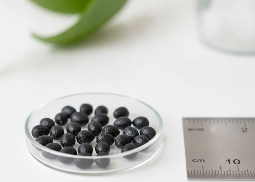 A macro photograph of viable Peyote seeds in a glass laboratory dish next to a sterile metric ruler