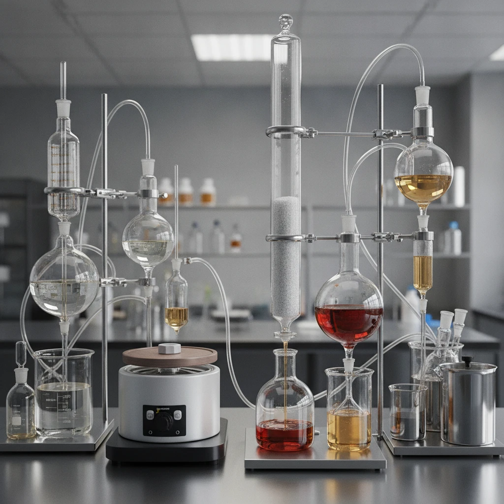 Laboratory glassware and chromatography equipment, symbolizing the scientific process of extracting and purifying alkaloids from botanical sources.