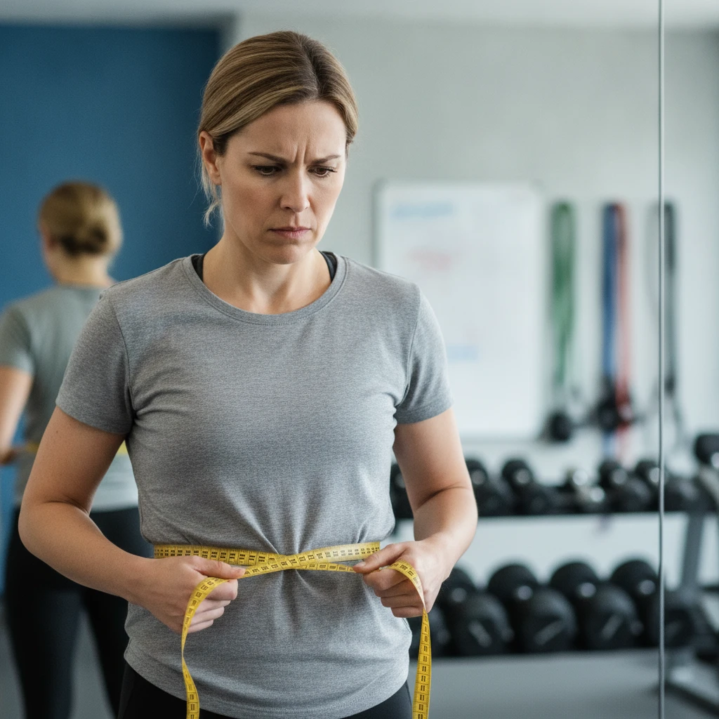 A person looking frustrated while holding a piece of measuring tape, symbolizing the struggle with diet cycles and the frustration of repeated weight loss and regain.