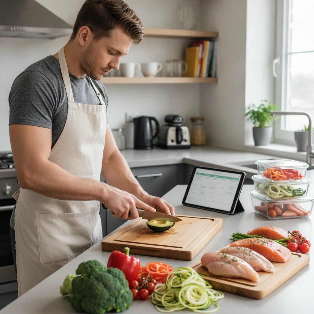 A person preparing a healthy meal with fresh vegetables and lean protein on a kitchen counter, demonstrating meal planning and preparation. The scene is bright and organized.