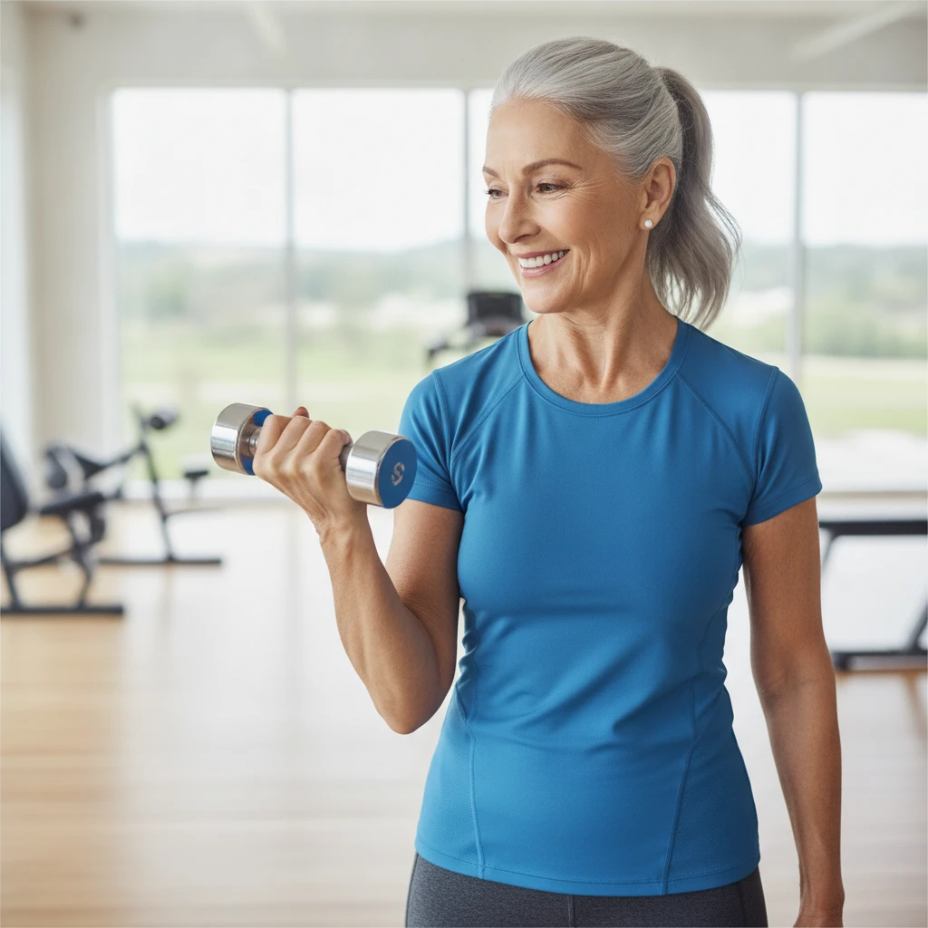 An older adult woman performing a bicep curl with a light dumbbell, smiling and demonstrating good form. She is wearing comfortable athletic wear in a well-lit gym setting.
