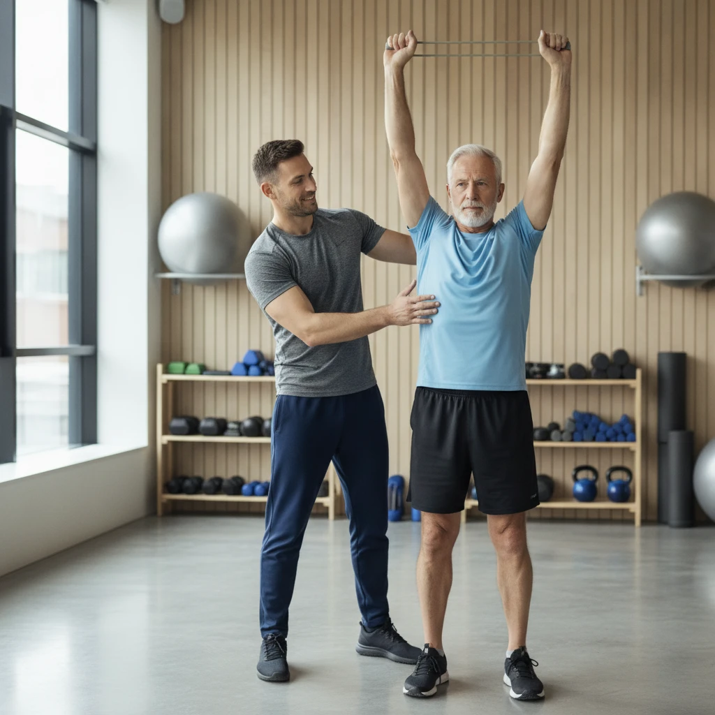 A male personal trainer guiding an older male client through a functional mobility exercise, ensuring correct posture and range of motion. They are in a modern, clean fitness studio.