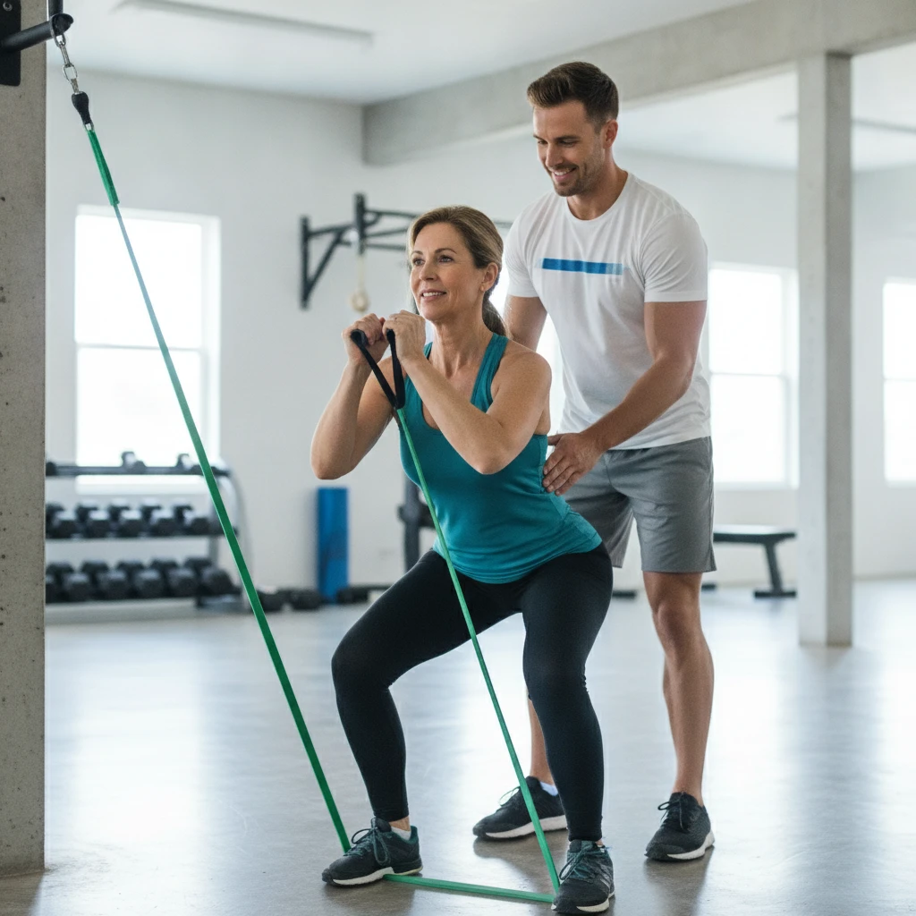 A person in their 40s or 50s confidently performing a low-impact strength exercise with a personal trainer assisting, set in a clean, modern fitness studio. The focus is on proper form and personalize