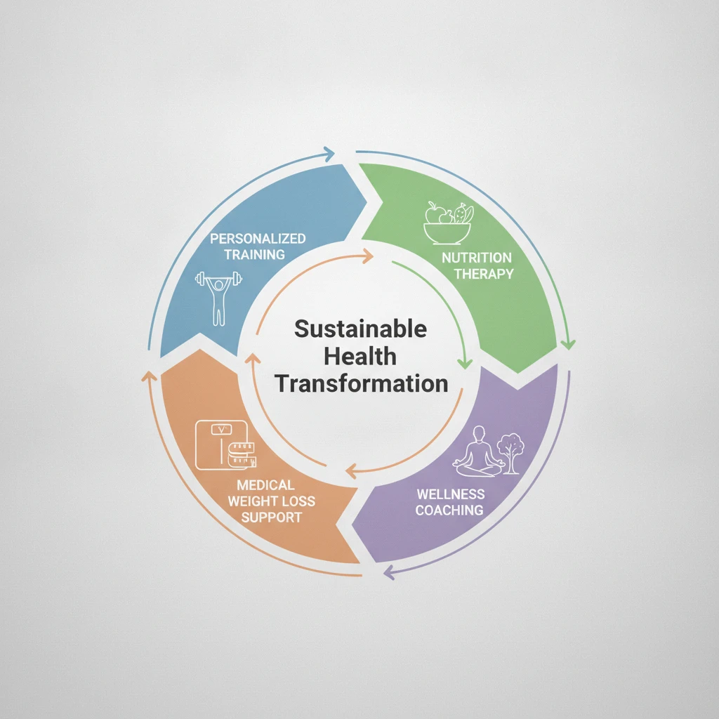 A detailed infographic illustrating the integrated pillars of medical fitness: personalized training, nutrition therapy, medical weight loss support, and wellness coaching, all converging for sustaina