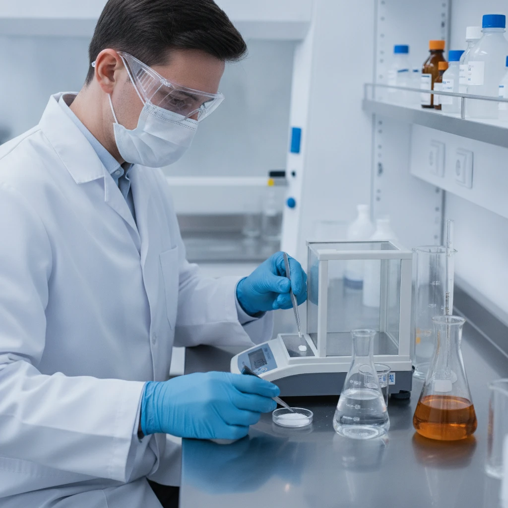 A researcher in a laboratory setting wearing personal protective equipment, carefully handling a precise amount of powdered entheogenic compound with an analytical balance and volumetric glassware. Th