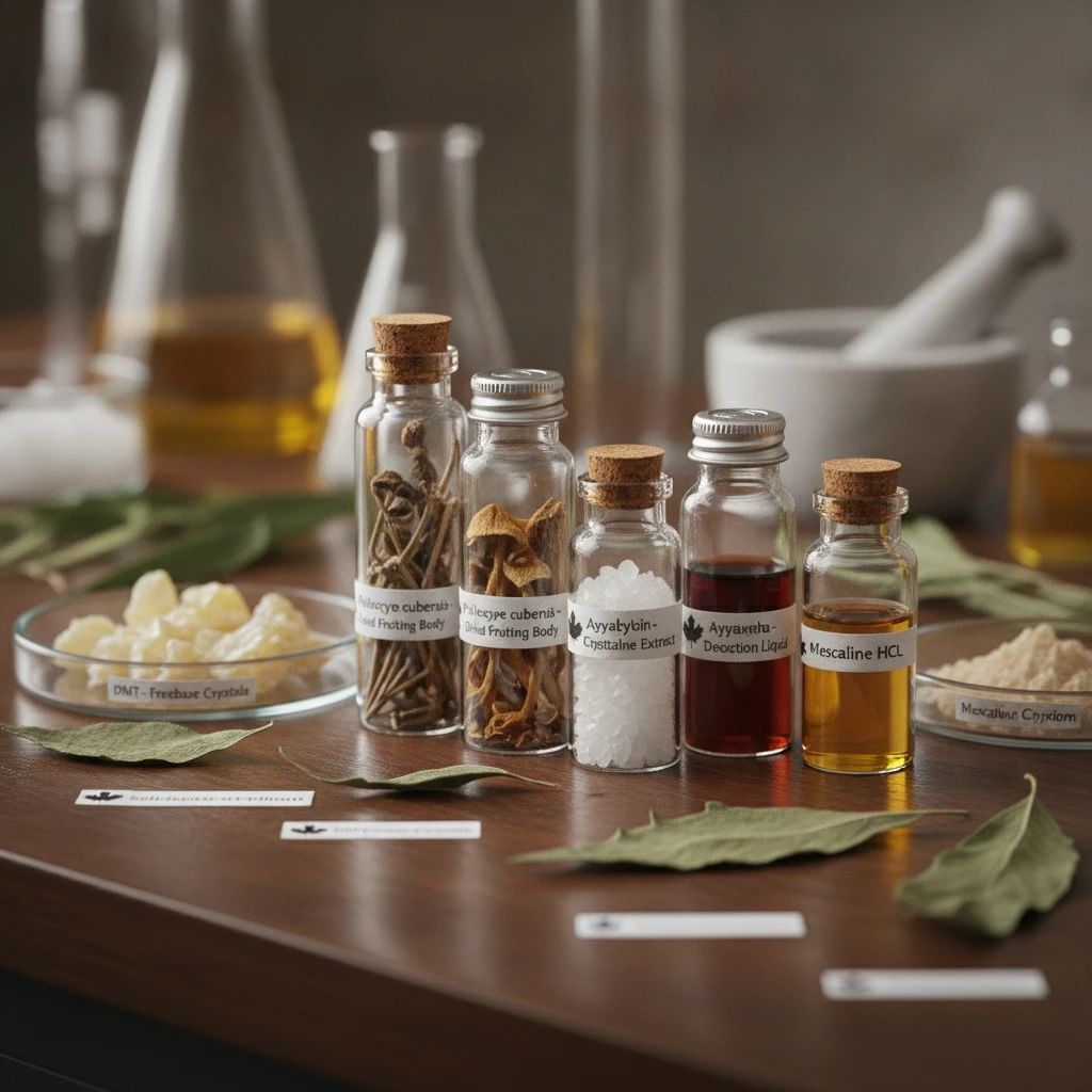 A close-up of different entheogenic plant materials and their extracted compounds in labeled glass vials, showcasing the variety of forms encountered in research, from dried plant matter to crystallin