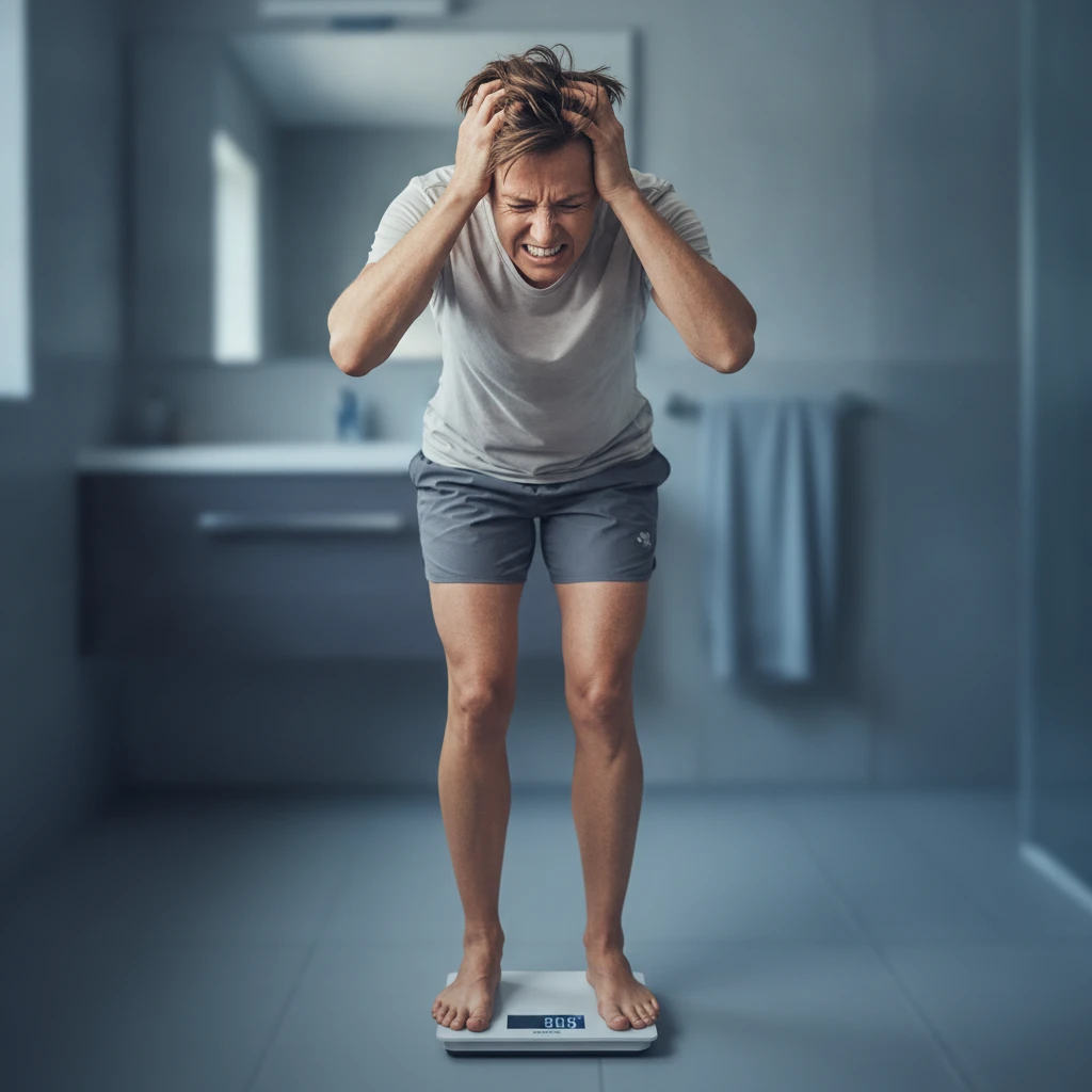 A person looking frustrated while standing on a bathroom scale, symbolizing the