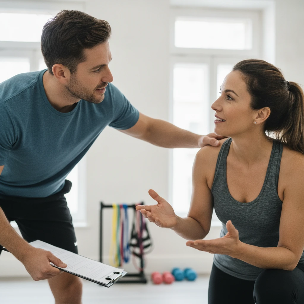 A professional fitness coach actively listening and providing encouragement to a middle-aged client during a personalized one-on-one wellness coaching session, illustrating trust and support.