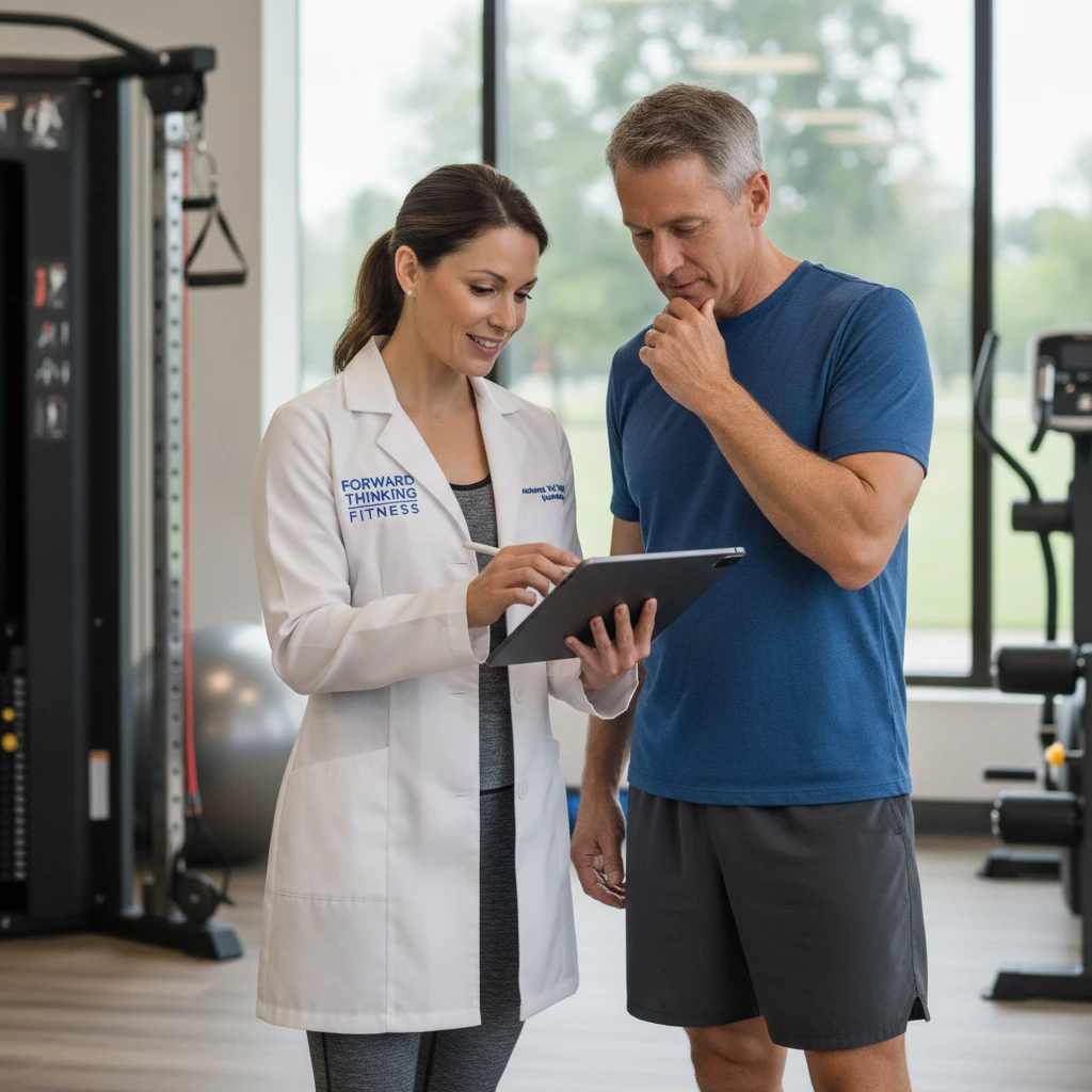 A medical fitness coach reviewing a client