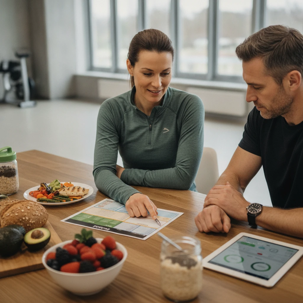 A medical fitness coach and a client discussing a meal plan, with healthy food options visible on a table, emphasizing practical, sustainable nutrition strategies.