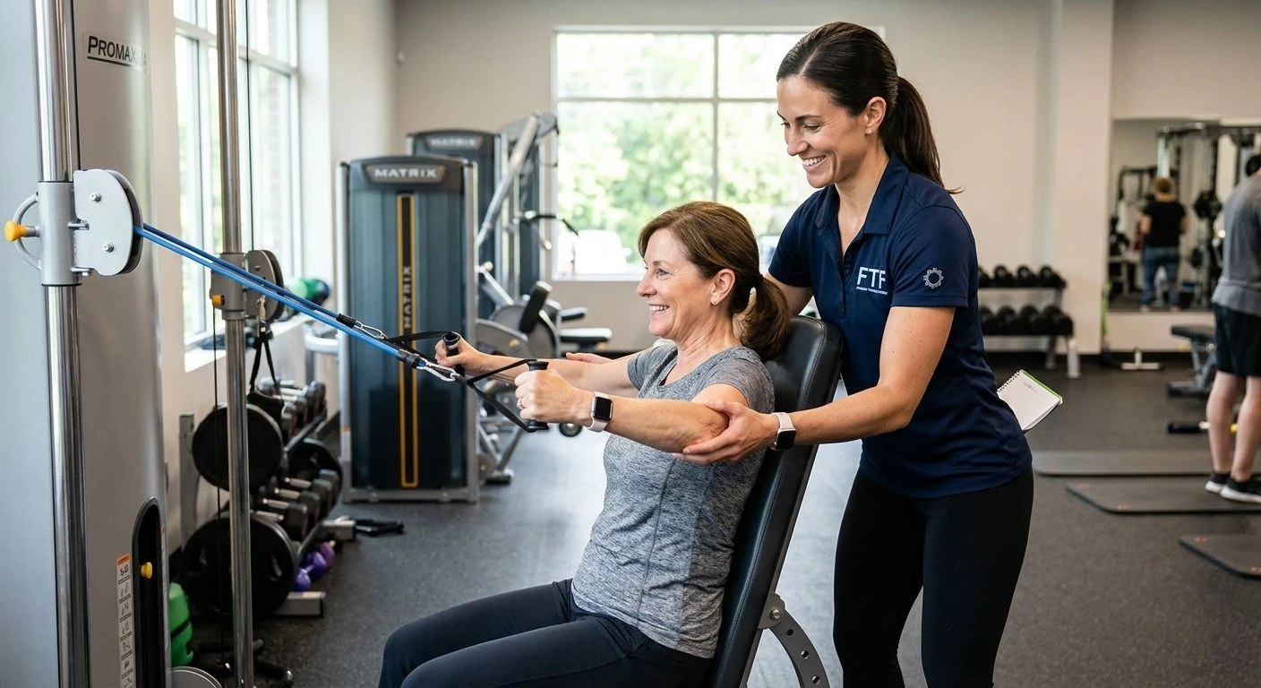 A professional personal trainer assisting an adult client with a low-impact strength exercise, focusing on proper form in a clean, modern medical fitness facility. Both individuals are engaged and smi