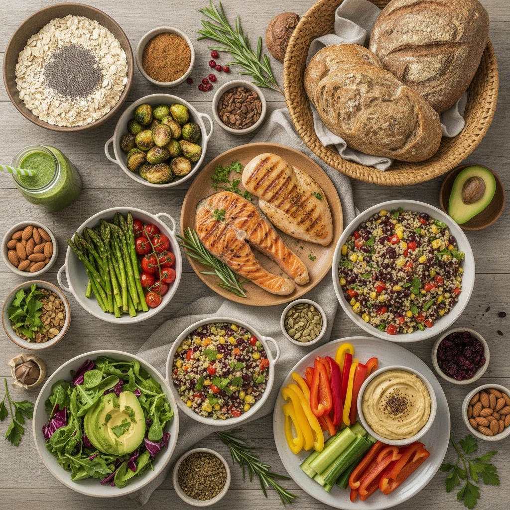 An overhead view of a diverse selection of fresh, colorful, and healthy foods, including lean proteins, vibrant vegetables, and whole grains, arranged appealingly on a wooden table. This symbolizes a 