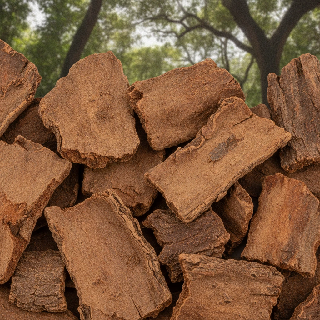 Close-up of dried Iboga root bark pieces, showcasing their natural texture and earthy tones, with a blurred background of African forest foliage.