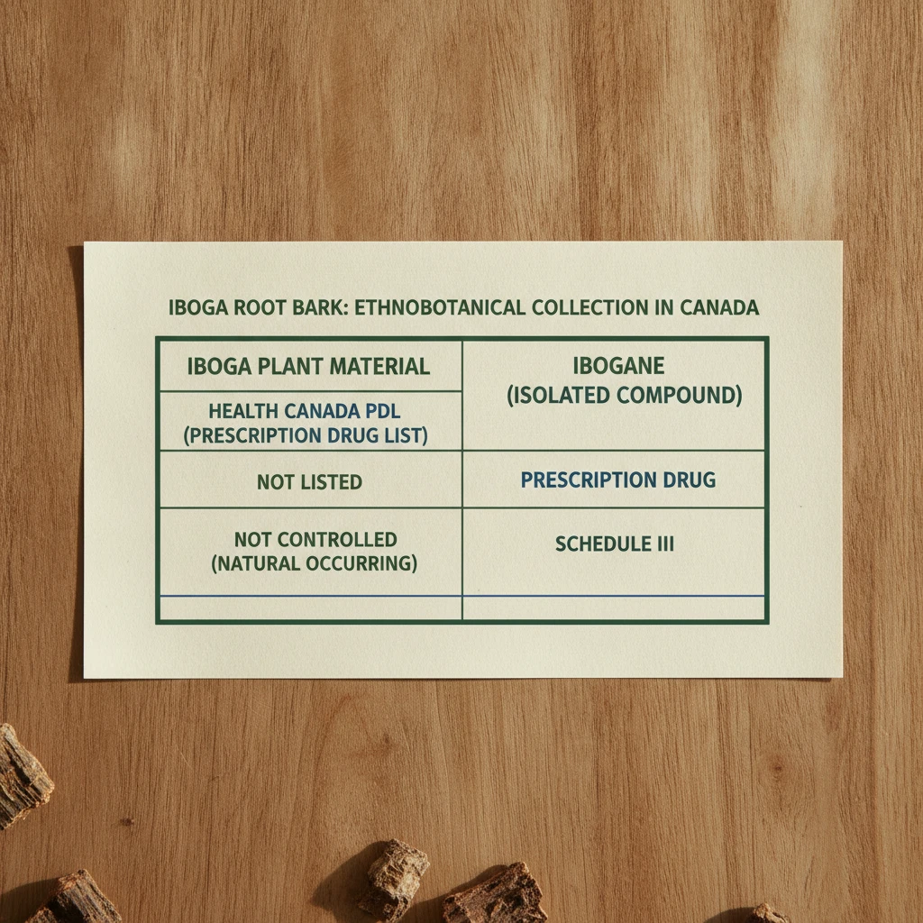 A detailed table outlining the legal status of Iboga and Ibogaine in Canada, differentiating between the plant and isolated compounds, with rows for Health Canada PDL and CDSA.
