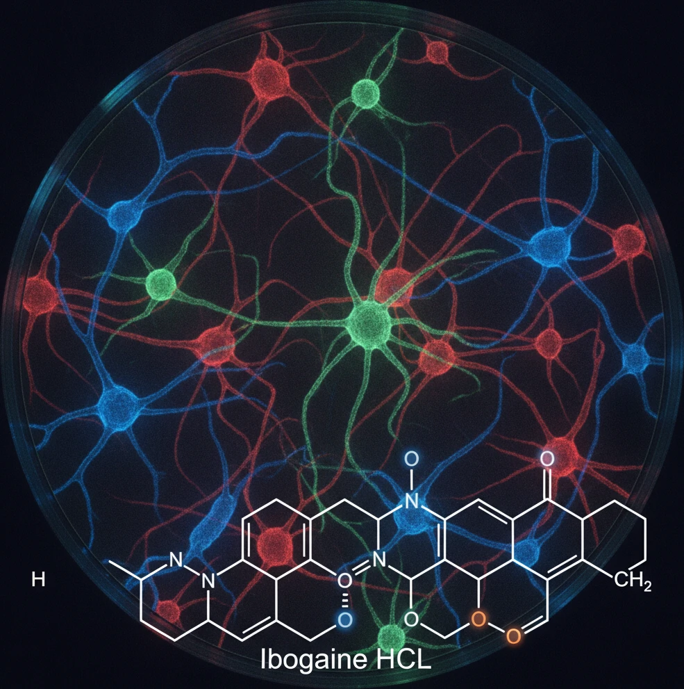 Ibogaine HCL Canada: Pharmacological Research & Safety A magnified view of neurons connecting in a petri dish, illustrating in-vitro neuroscientific research. Below, a diagram of ibogaine