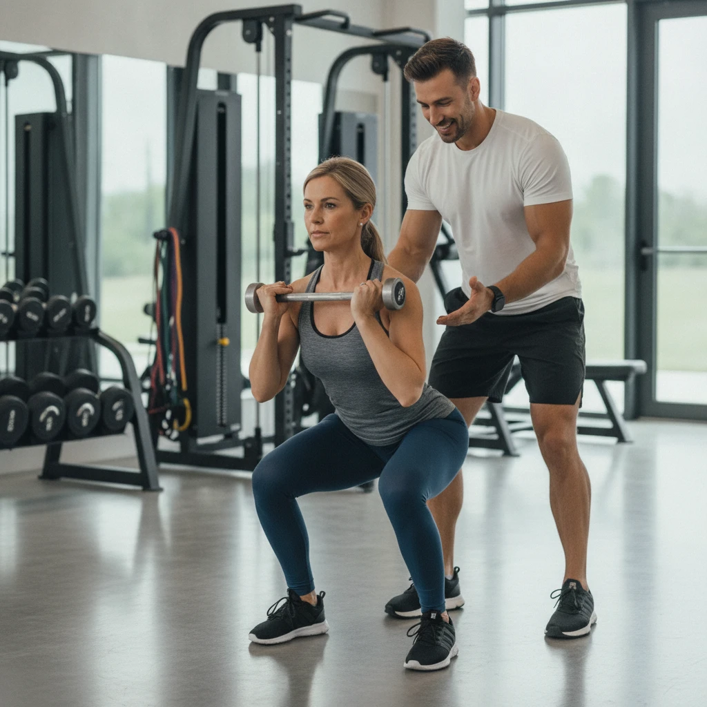 A person in their 40s doing a low-impact strength training exercise with a personal trainer, focusing on proper form in a clean, modern gym setting. The trainer is offering guidance and encouragement.