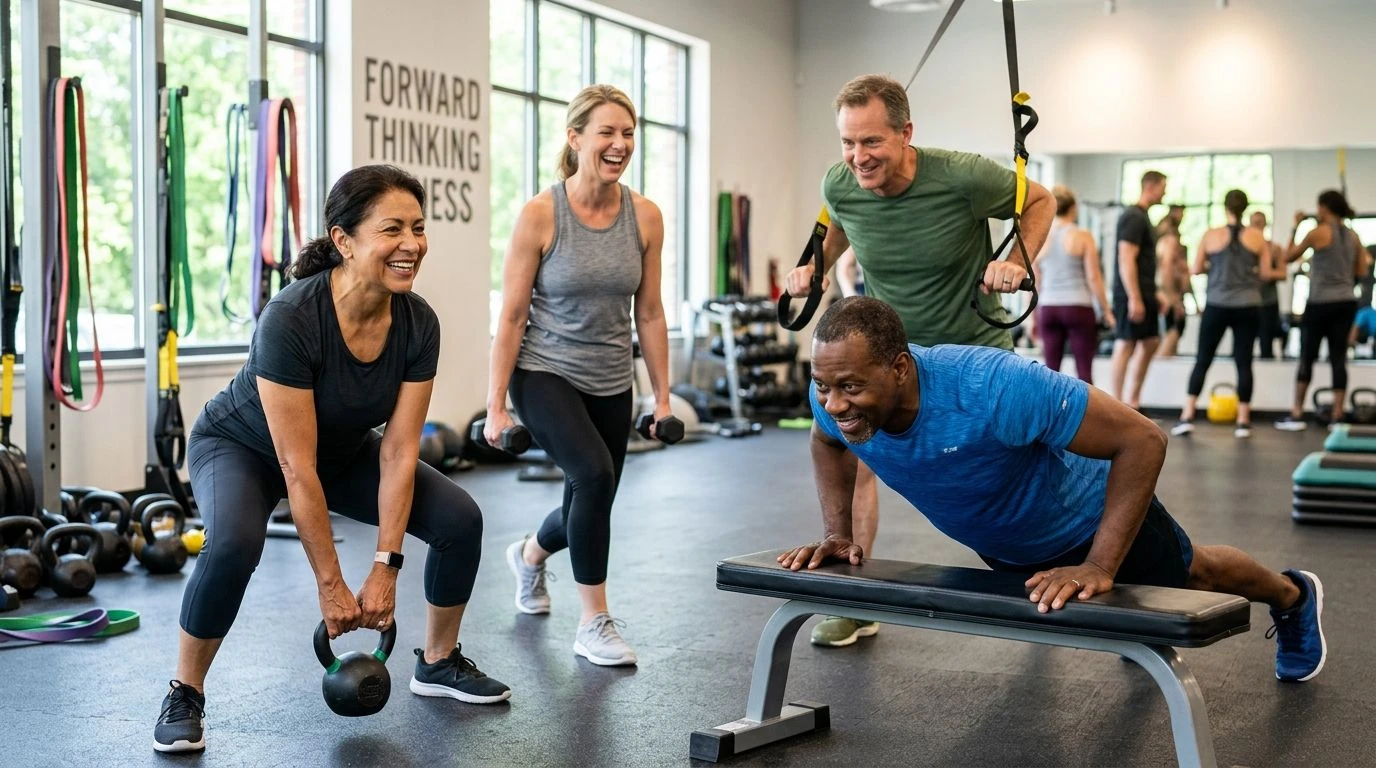 A diverse group of adults aged 40-60 engaging in a functional fitness class, smiling and moving with good form. The setting is bright and encouraging, emphasizing community and active aging.