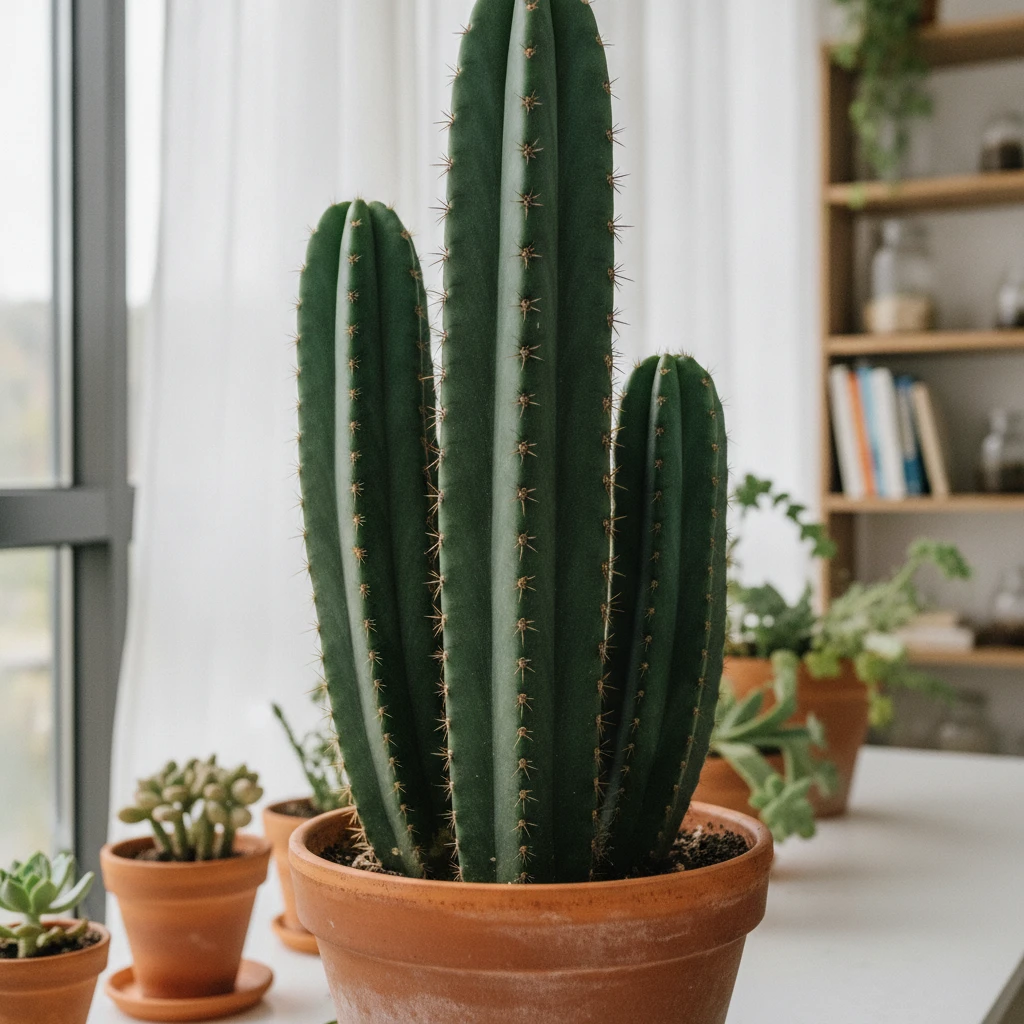 A healthy, vibrant San Pedro cactus (Echinopsis pachanoi) standing upright in a terracotta pot, showcasing its ribbed columnar stem and short spines. The plant is situated indoors near a window with n