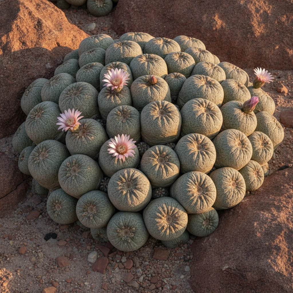 A cluster of mature Peyote cacti (Lophophora williamsii) growing in a rocky, desert-like environment, showing their characteristic spineless, button-like shape and grey-green color. A few small, pinki