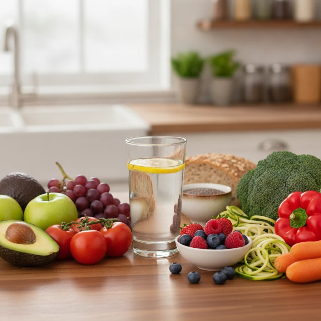A variety of fresh, colorful fruits and vegetables displayed on a kitchen counter, with a glass of water, emphasizing healthy and mindful eating choices.