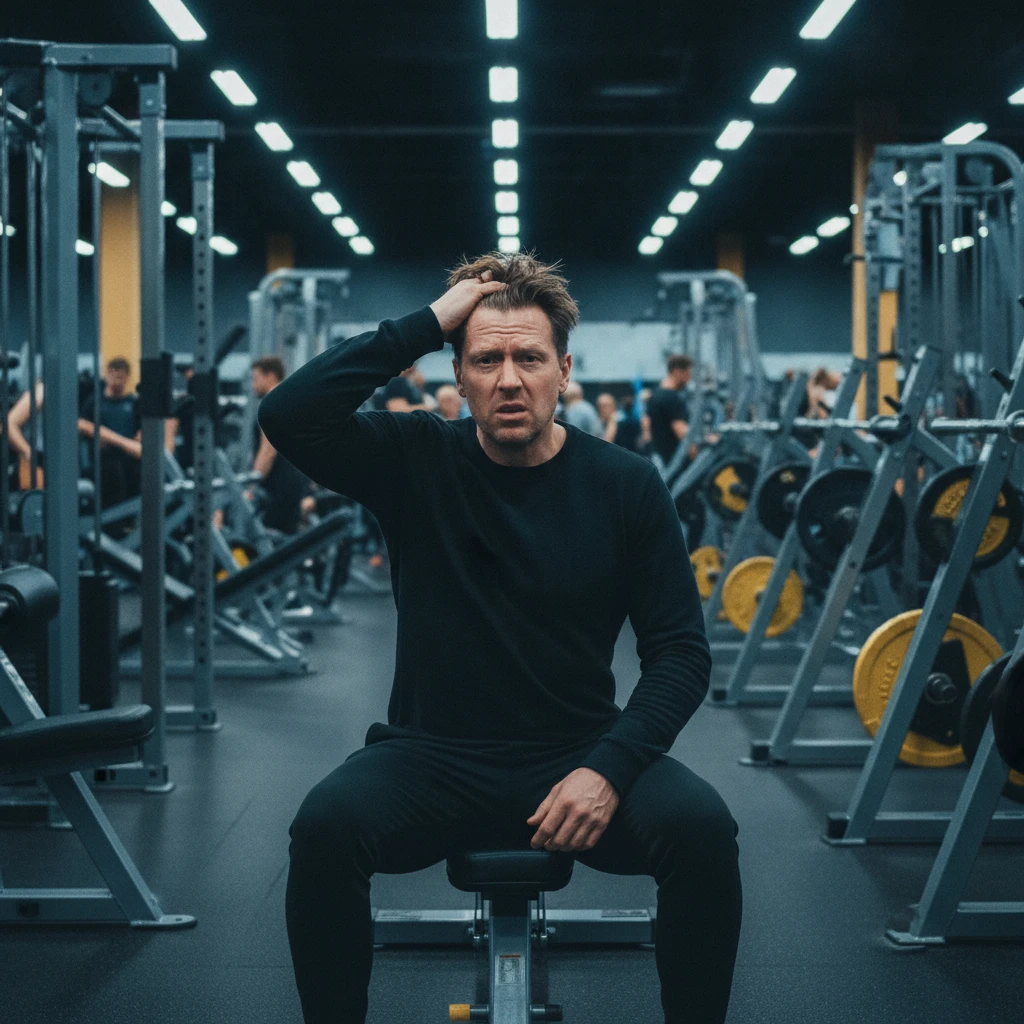 A person looking overwhelmed and frustrated in a large, impersonal gym setting, surrounded by various machines, symbolizing the common experience of feeling stuck in traditional fitness environments.