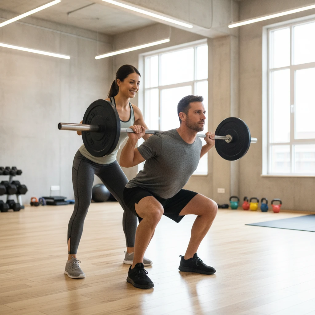 A personal trainer providing one-on-one coaching to a client performing a resistance exercise with perfect form in a modern, well-lit fitness studio.
