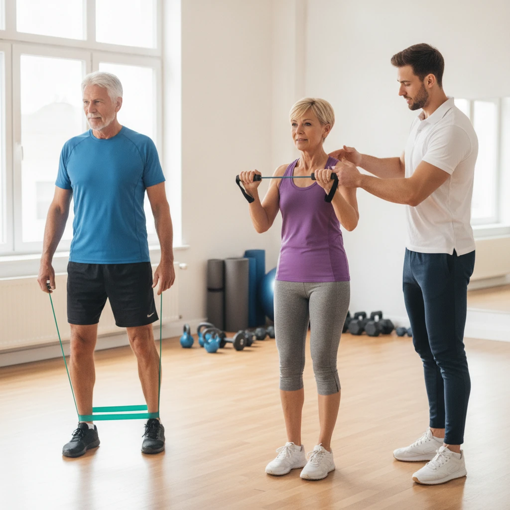 An older adult couple in their 50s or early 60s working with a medical fitness coach, demonstrating proper form for a resistance band exercise in a clean, well-lit fitness studio.