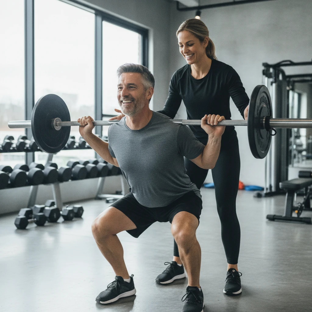 A professional fitness coach guiding an adult male over 40 through a strength training exercise with correct form, in a clean gym environment. They are both smiling and engaged in the process.