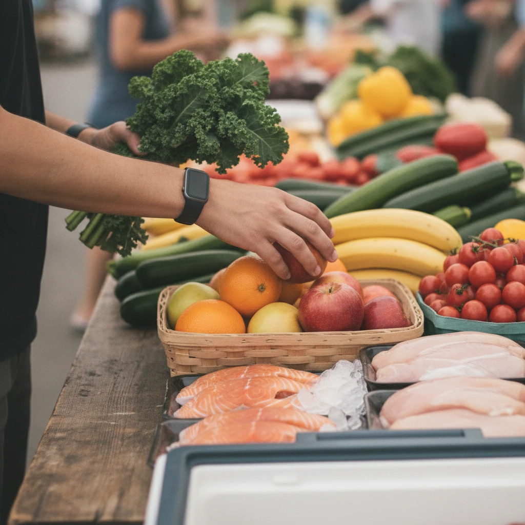 A person thoughtfully choosing fresh, whole foods like fruits, vegetables, and lean protein at a farmer