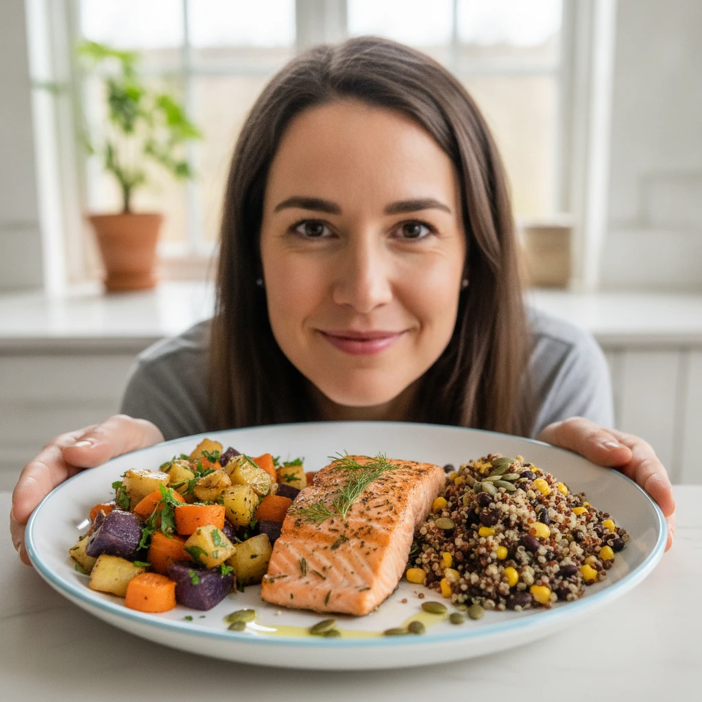 A person looking confidently at a balanced meal, featuring a lean protein, colorful vegetables, and a healthy complex carbohydrate, symbolizing informed and balanced eating habits.