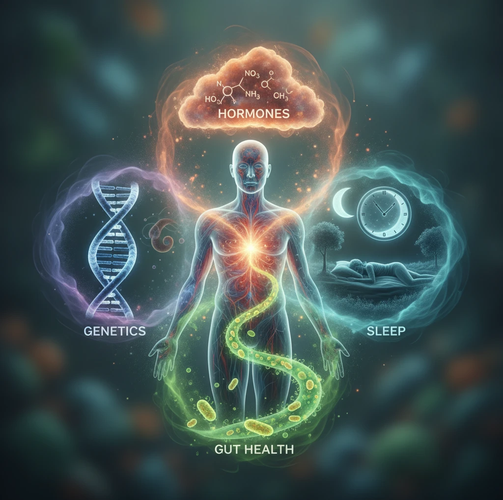 Illustration showing the complex interplay of hormones, gut health, sleep, and genetics affecting a person