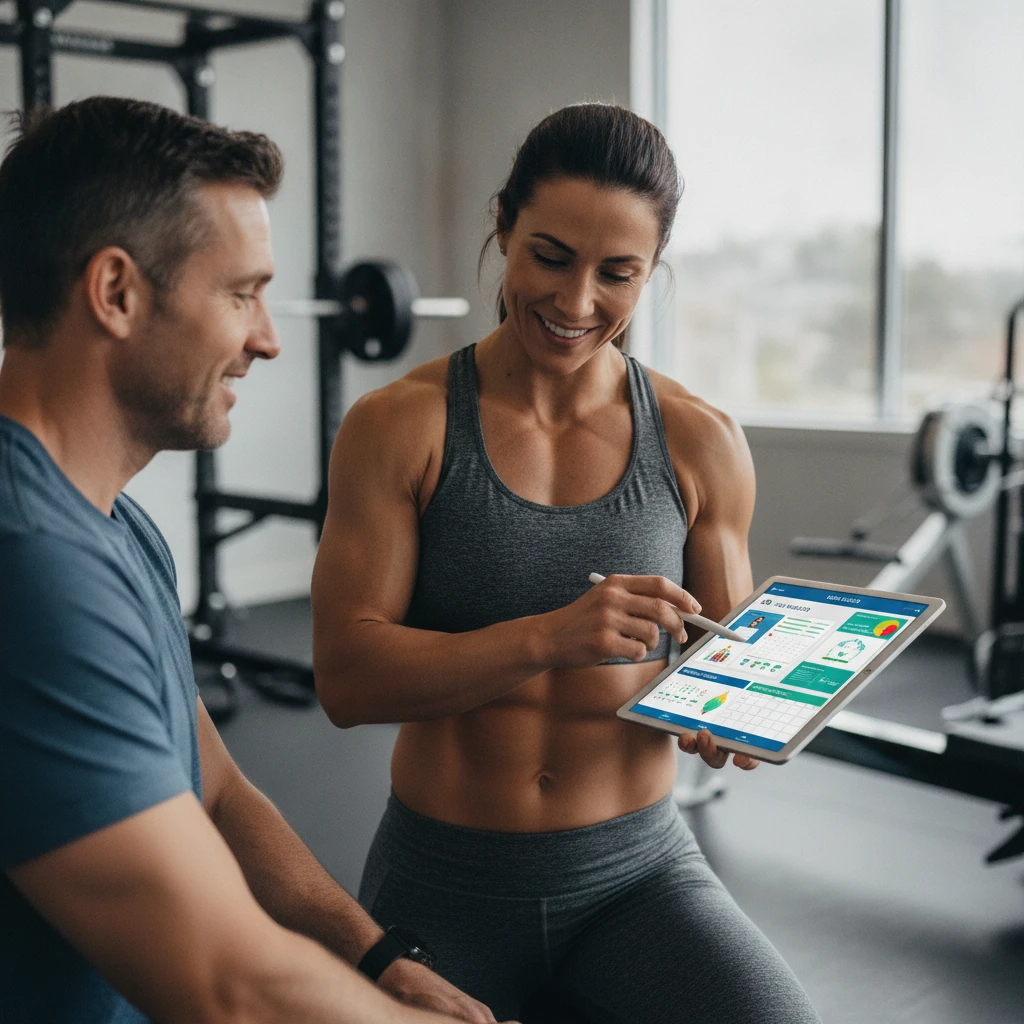 A personal coach and client reviewing a personalized fitness and nutrition plan on a tablet, with gym equipment in the background, emphasizing individual attention.