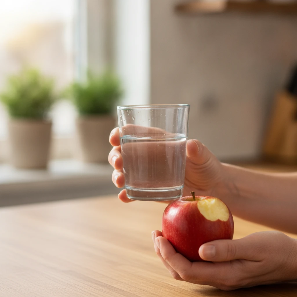 An adult holding a glass of water and an apple, signifying healthy hydration and nutrition for joint support.