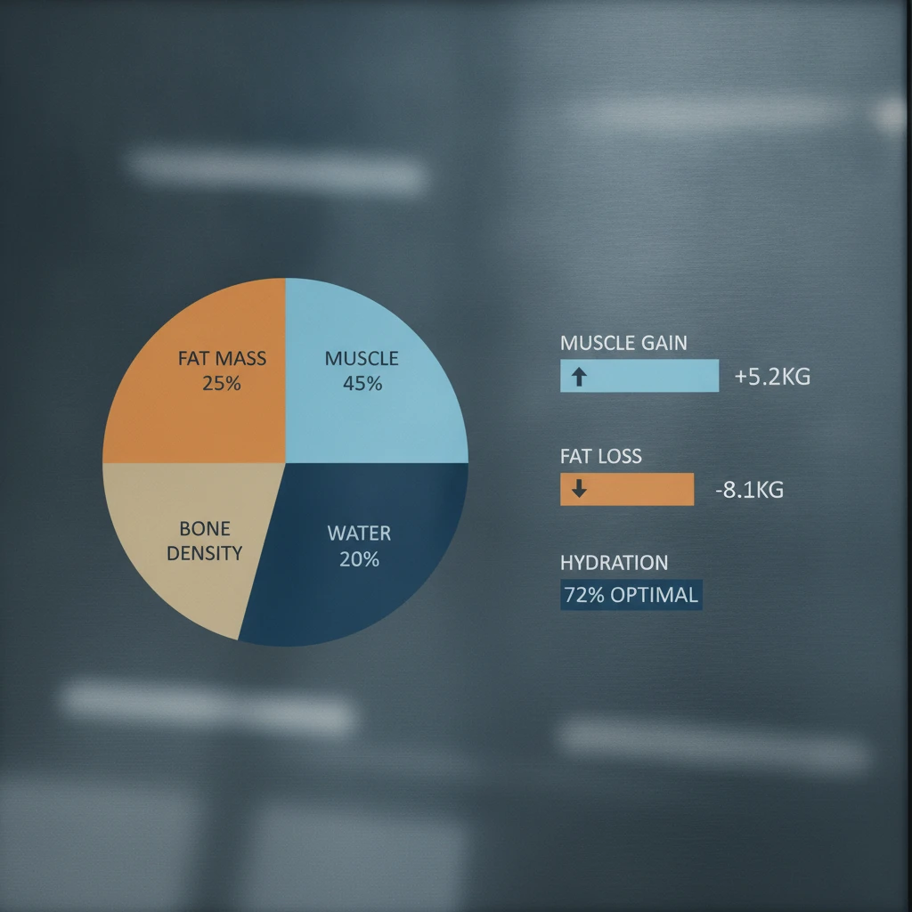 A modern, clean graphic displaying a pie chart and bar graphs representing body composition breakdown: fat mass, muscle mass, water, and bone density.
