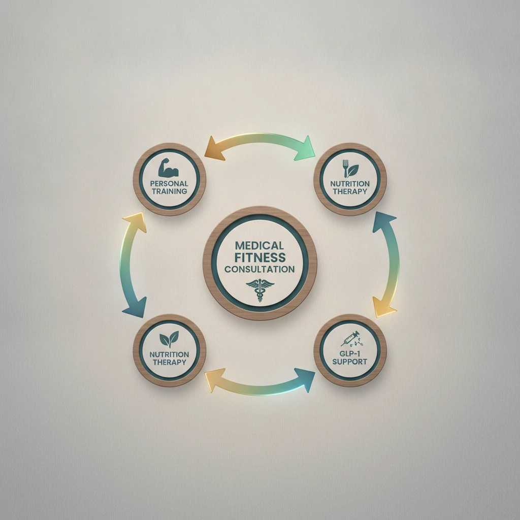 A detailed infographic illustrating the interconnectedness of medical fitness, personal training, nutrition therapy, GLP-1 support, and peptide therapy, showing arrows flowing between each component t