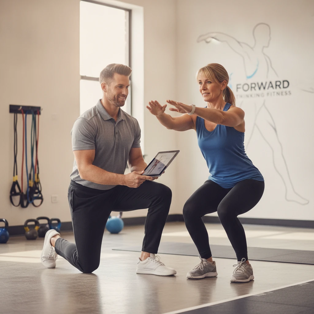 A male medical fitness coach conducting a functional movement assessment with a female client in a modern, well-lit fitness studio.
