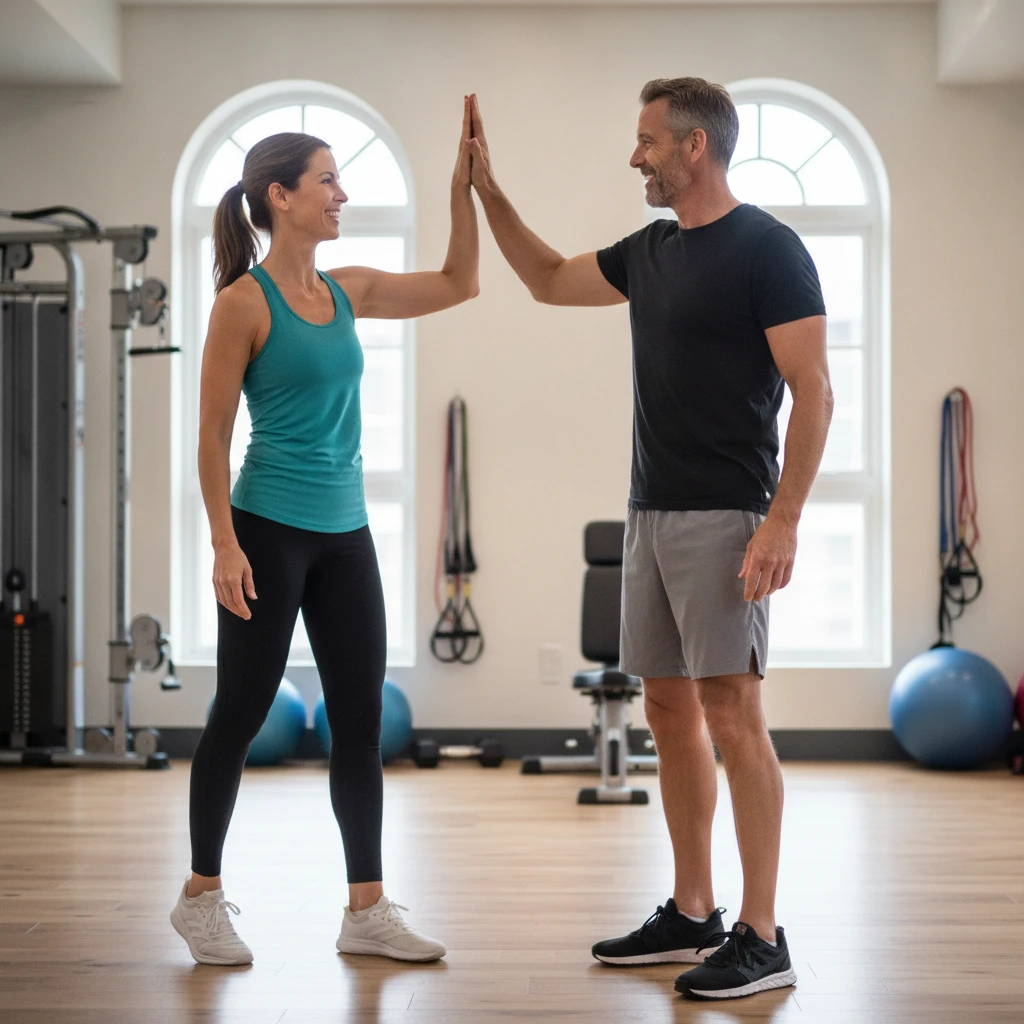 A personal trainer and an adult client in an exercise studio, both smiling and high-fiving after a successful workout session, symbolizing motivation and accountability.