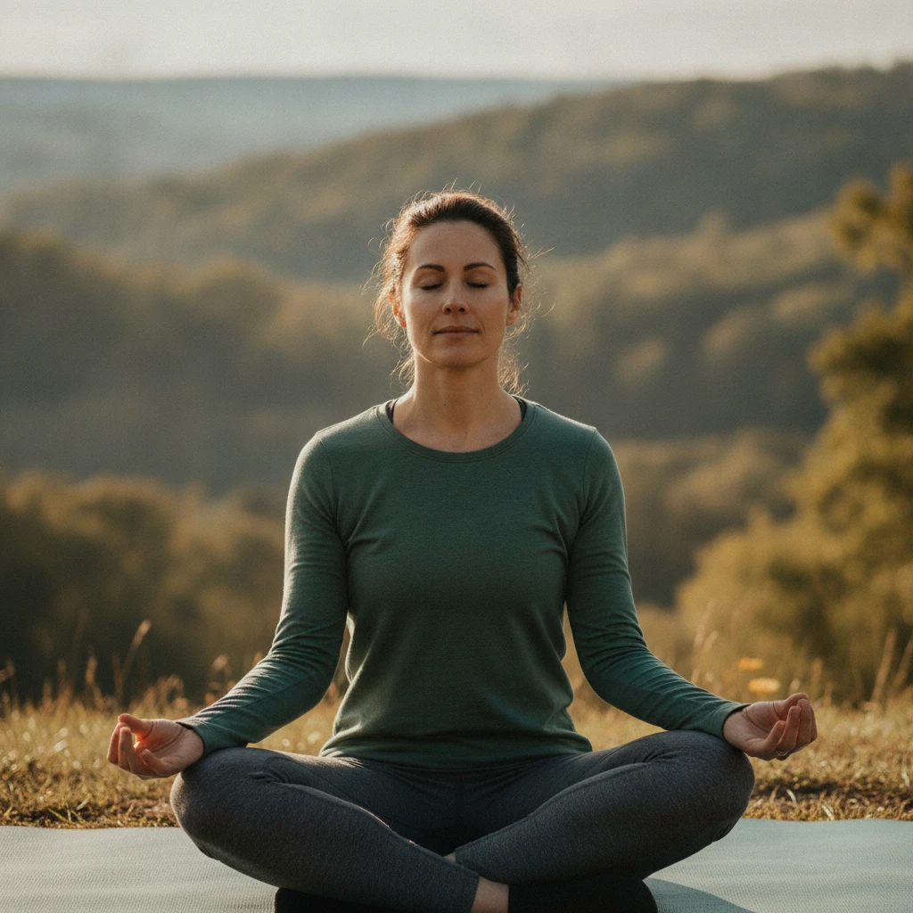 An individual performing a mindful breathing exercise, sitting peacefully outdoors with eyes closed, illustrating stress reduction techniques for metabolic health.