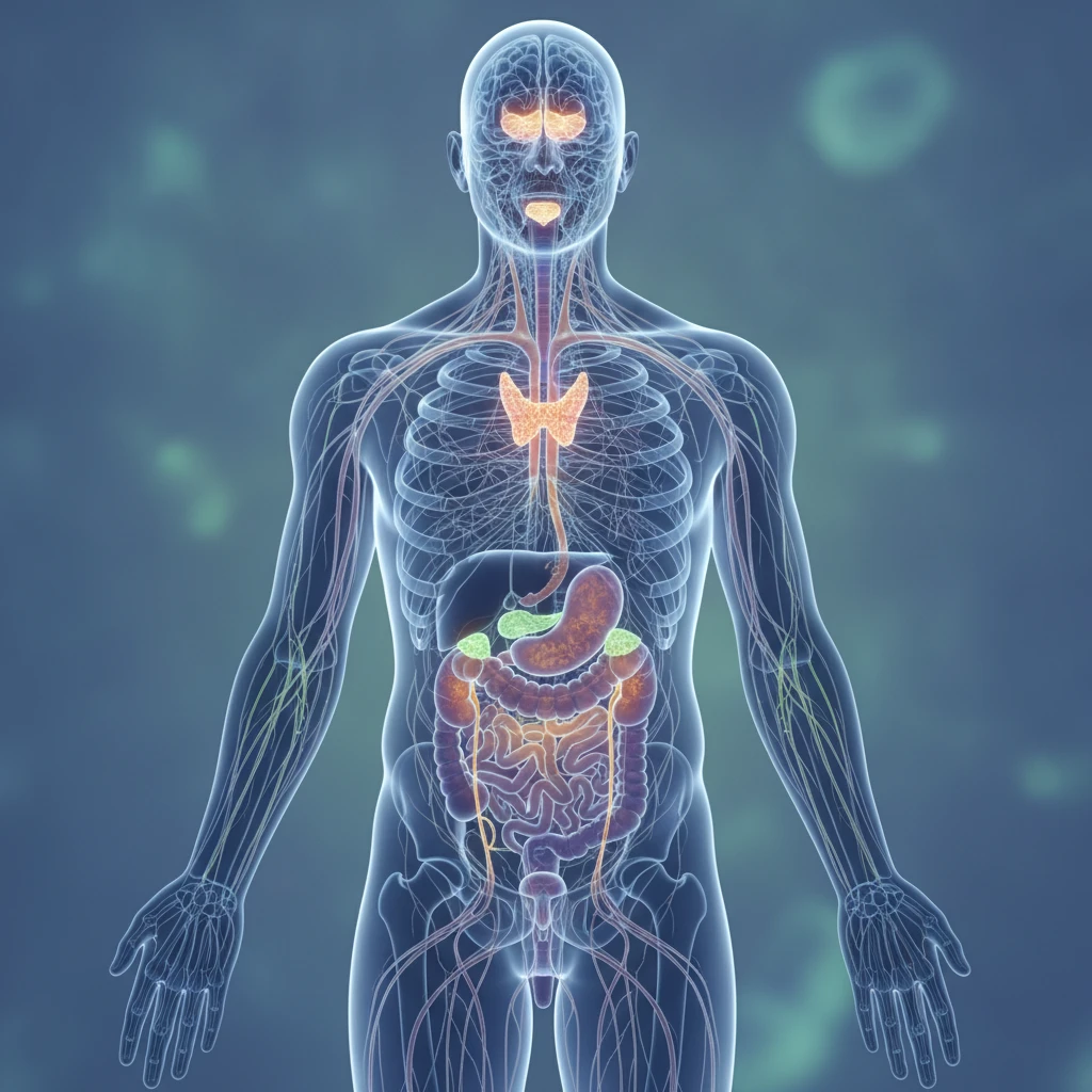 Detailed illustration of the human endocrine system, highlighting various glands like the pituitary, thyroid, adrenal, and pancreas, with lines showing hormone pathways. The style is clear and educati