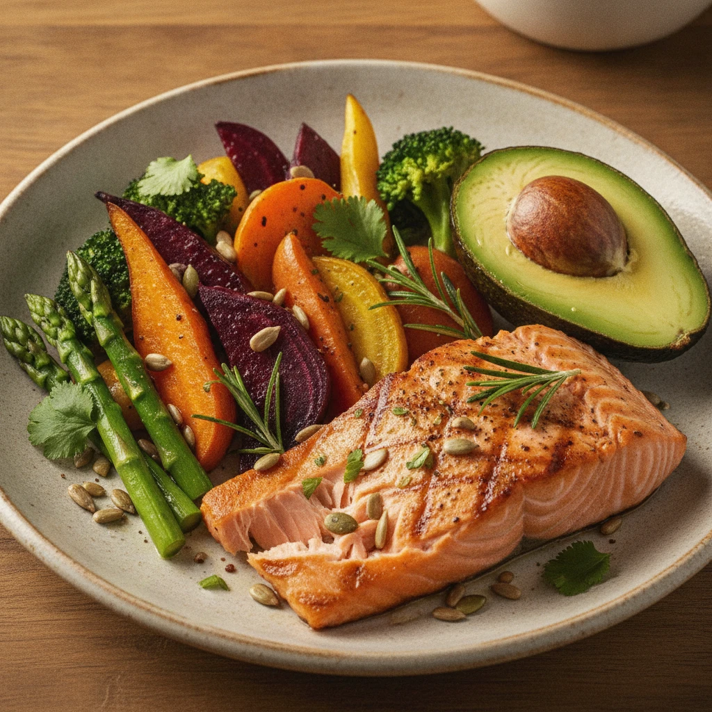 Close-up photo of a balanced meal featuring colorful vegetables, lean protein (e.g., grilled salmon), and healthy fats (e.g., avocado), emphasizing nutrient density and whole foods for hormonal suppor
