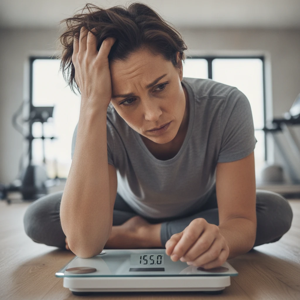 A person looking thoughtfully at a weighing scale with a frustrated expression, symbolizing a weight loss plateau. The background is blurred, focusing on the individual