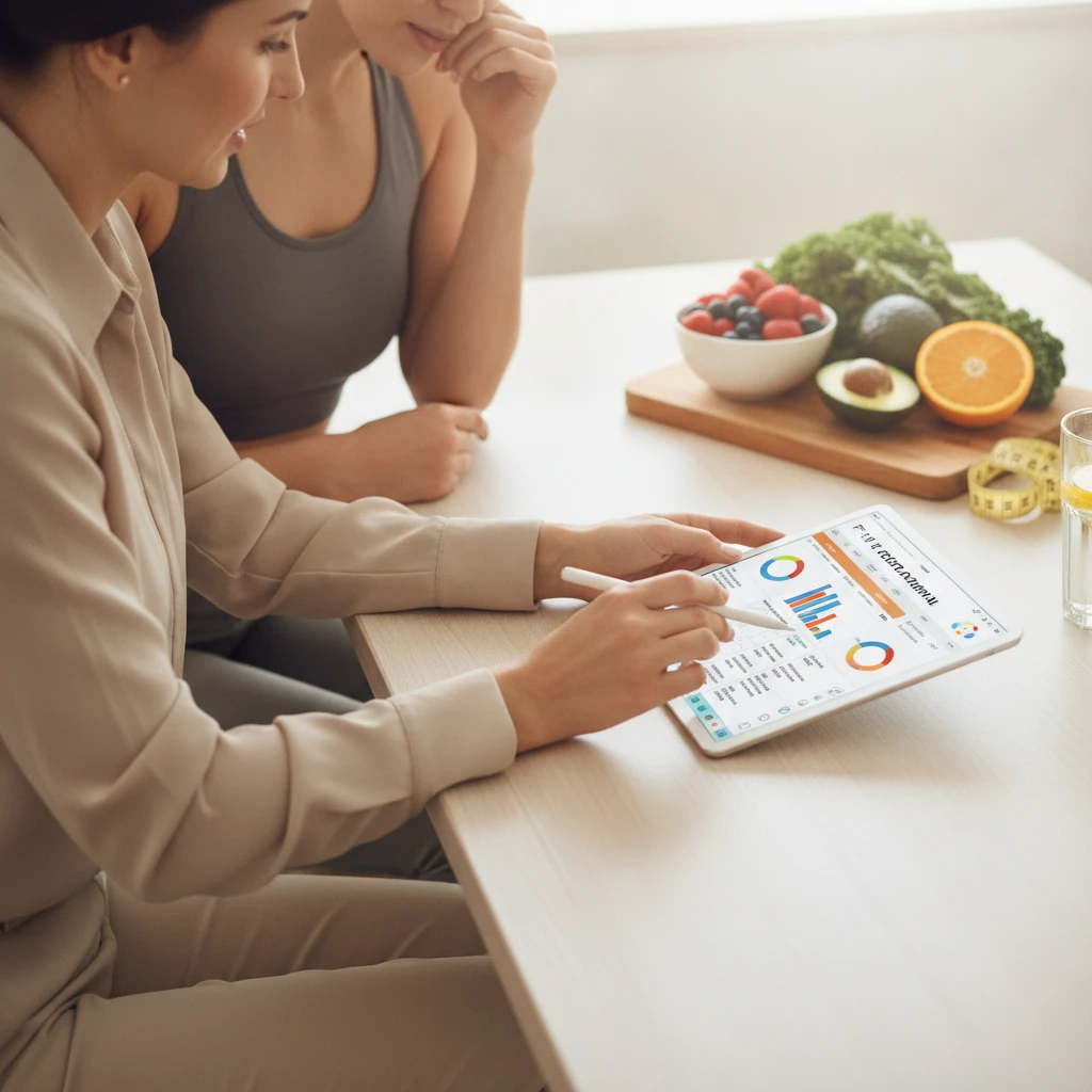 A dietitian and client reviewing a detailed food journal on a tablet, with healthy food ingredients like fruits and vegetables subtly in the background, representing personalized nutritional guidance.