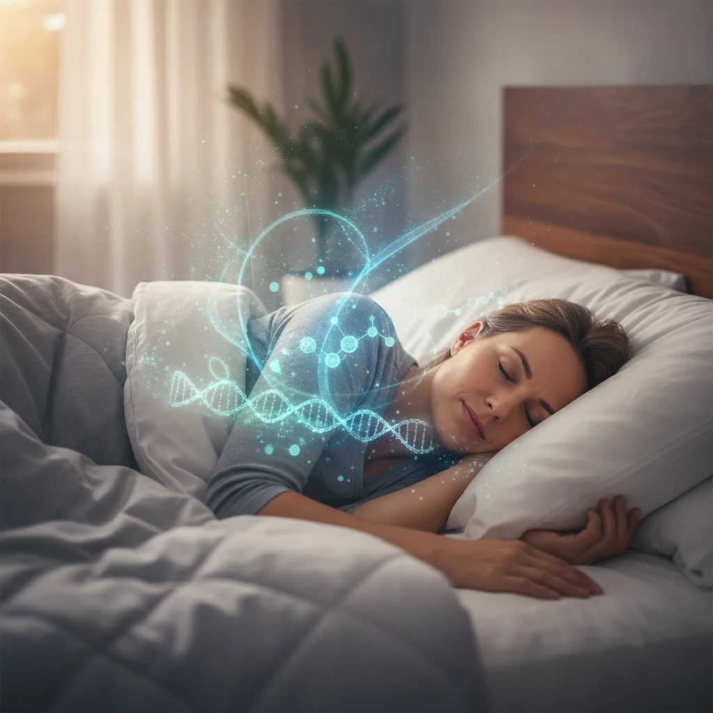 A person sleeping peacefully in a comfortable bed, with subtle representations of cellular repair and energy regeneration emanating from their body in a stylized, professional manner.