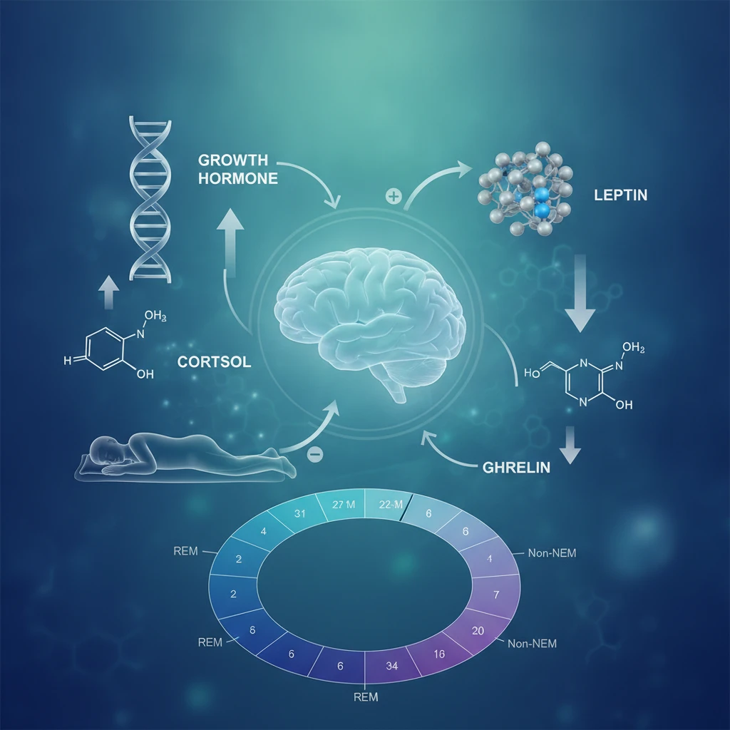 Illustration of various hormones, like growth hormone, cortisol, leptin, and ghrelin, depicted as scientific diagrams or chemical structures, with arrows showing their regulation during sleep cycles.
