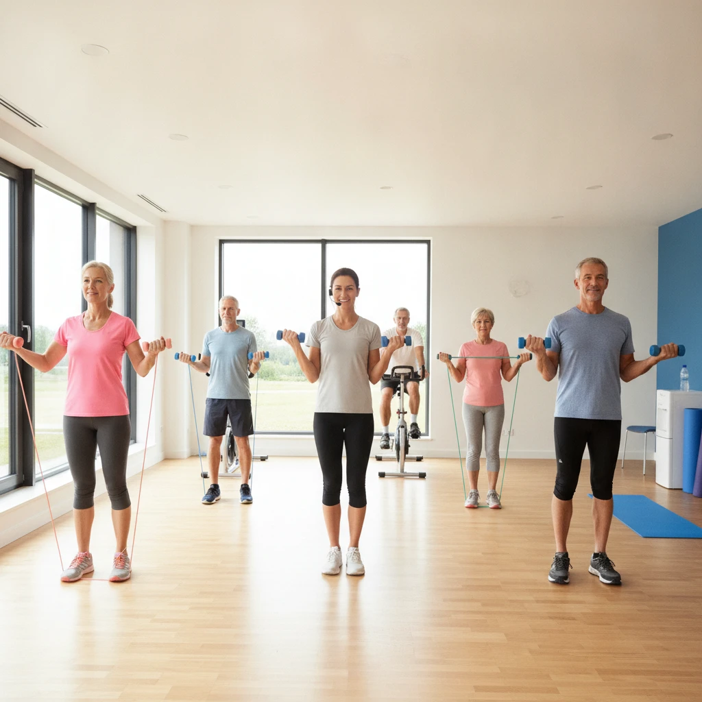 A diverse group of adults of varying ages, exercising gently in a clean, modern medical fitness facility, guided by a professional coach. They are engaged in light strength training with weights and r