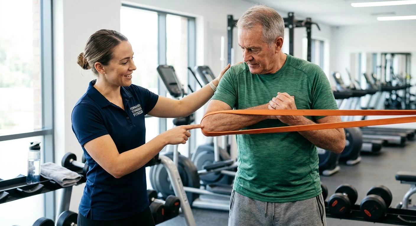 A qualified medical fitness coach is demonstrating proper form for a resistance band exercise to an older adult client in a well-lit gym setting. The coach is pointing to the client